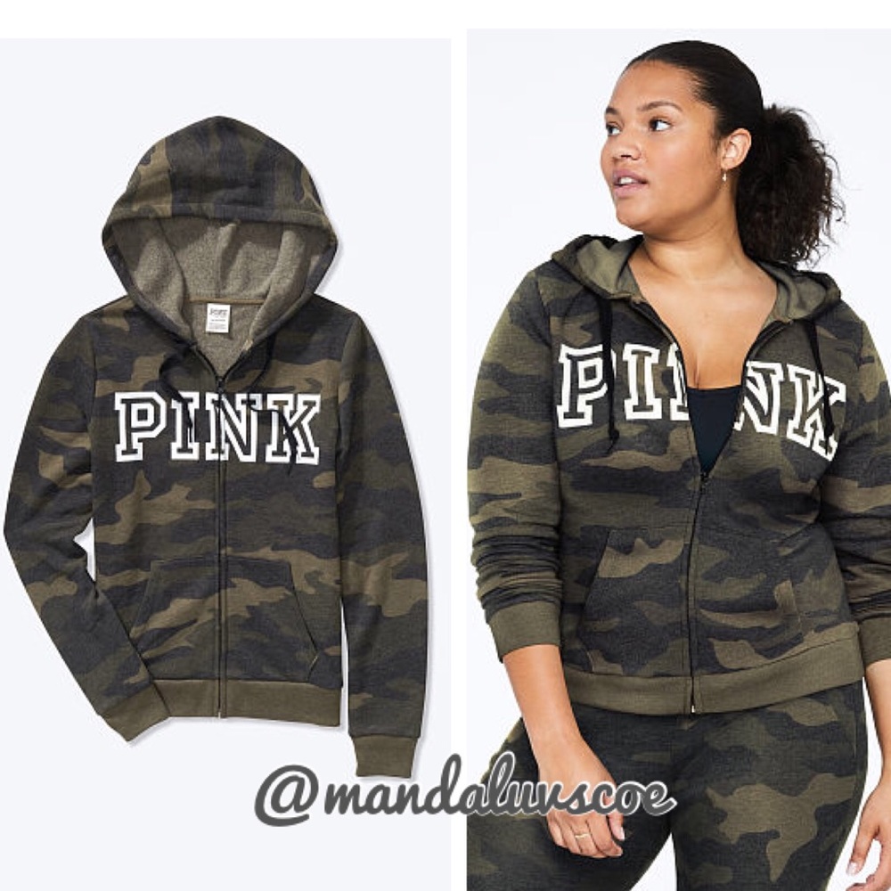 🚫SOLD🚫💕VS PINK GREEN CAMO WHITE FULL ZIP HOODIE - Picture 1 of 6